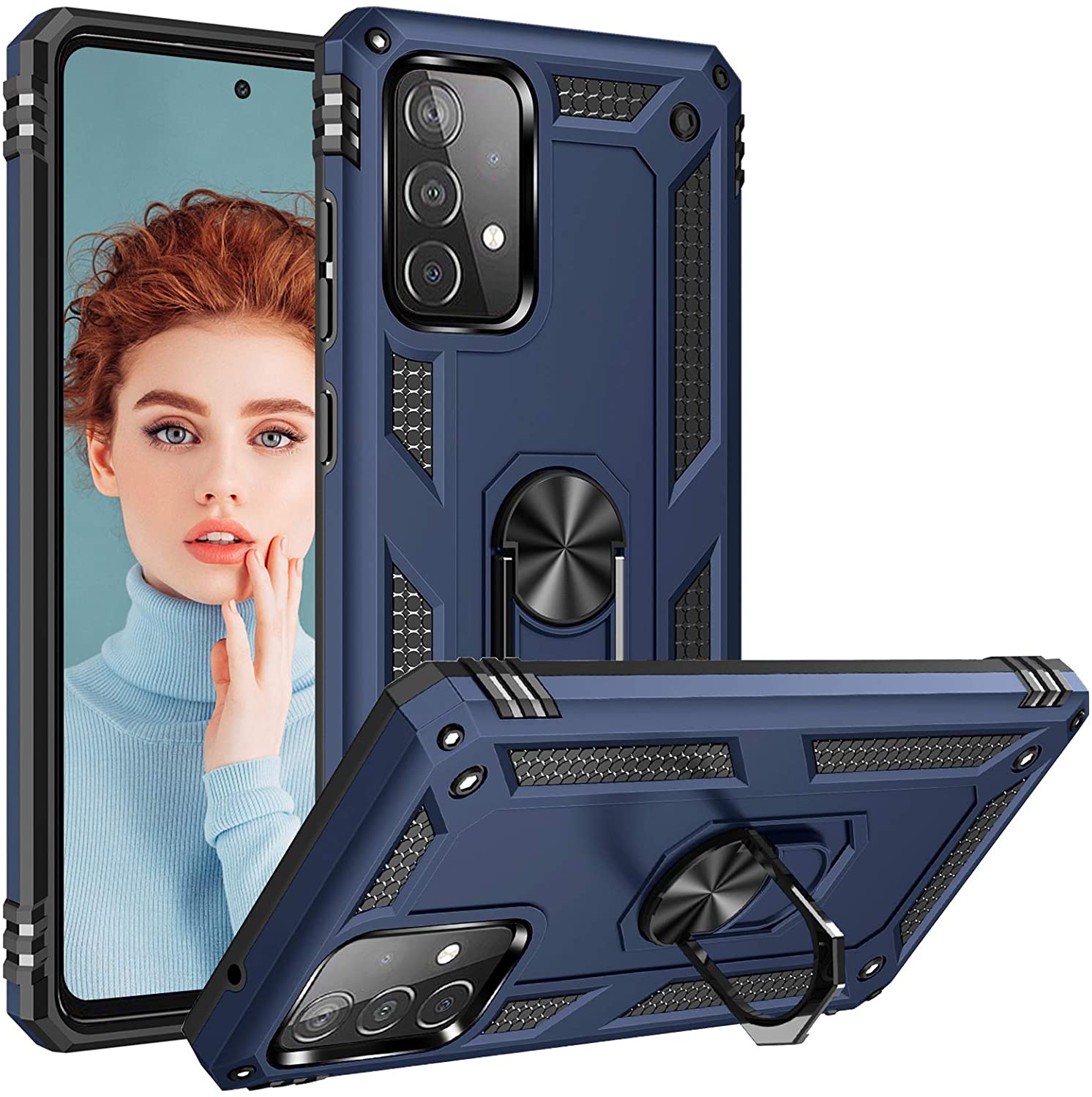 Tech Armor RING Stand Grip Case with Metal Plate for Samsung Galaxy A72 5G (Navy Blue)